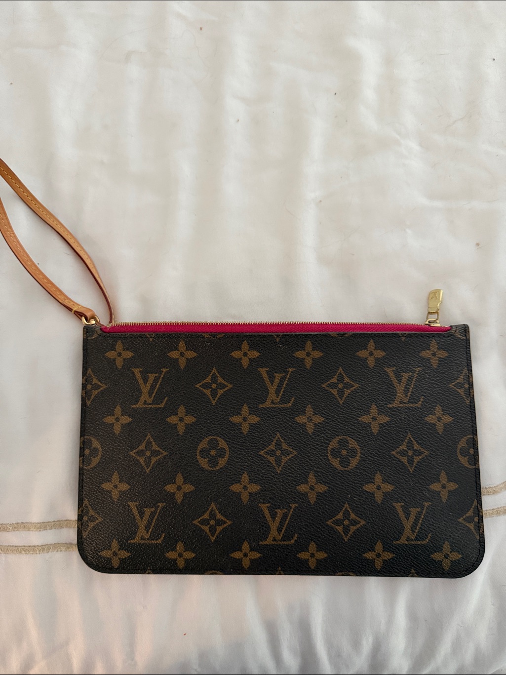 Louis Vuitton Monogram Wristlet Pouch With Pink Zip And Vachetta Strap